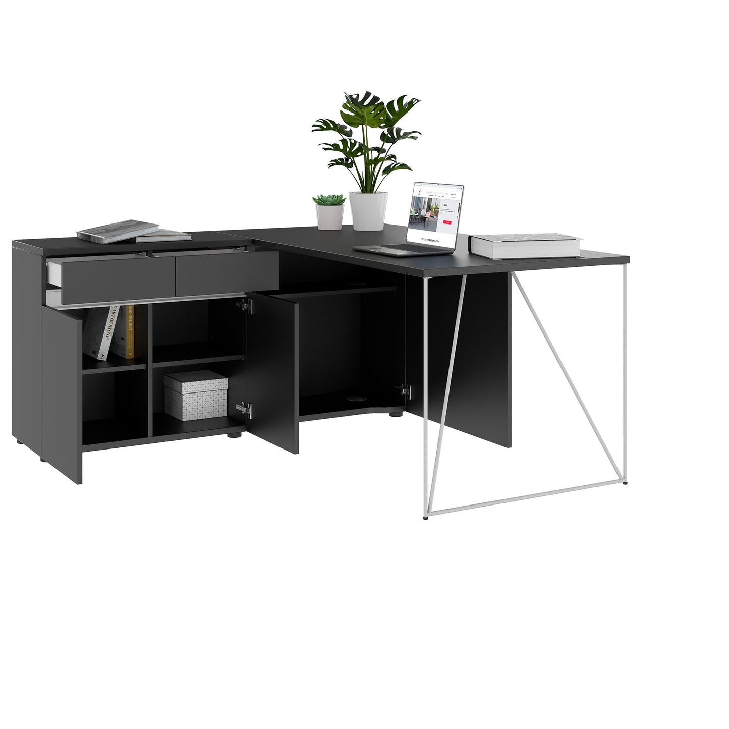 AIR Schreibtisch | 1600 - 2000 mm, elektrifiziert, integriertes Sideboard, Anthrazit