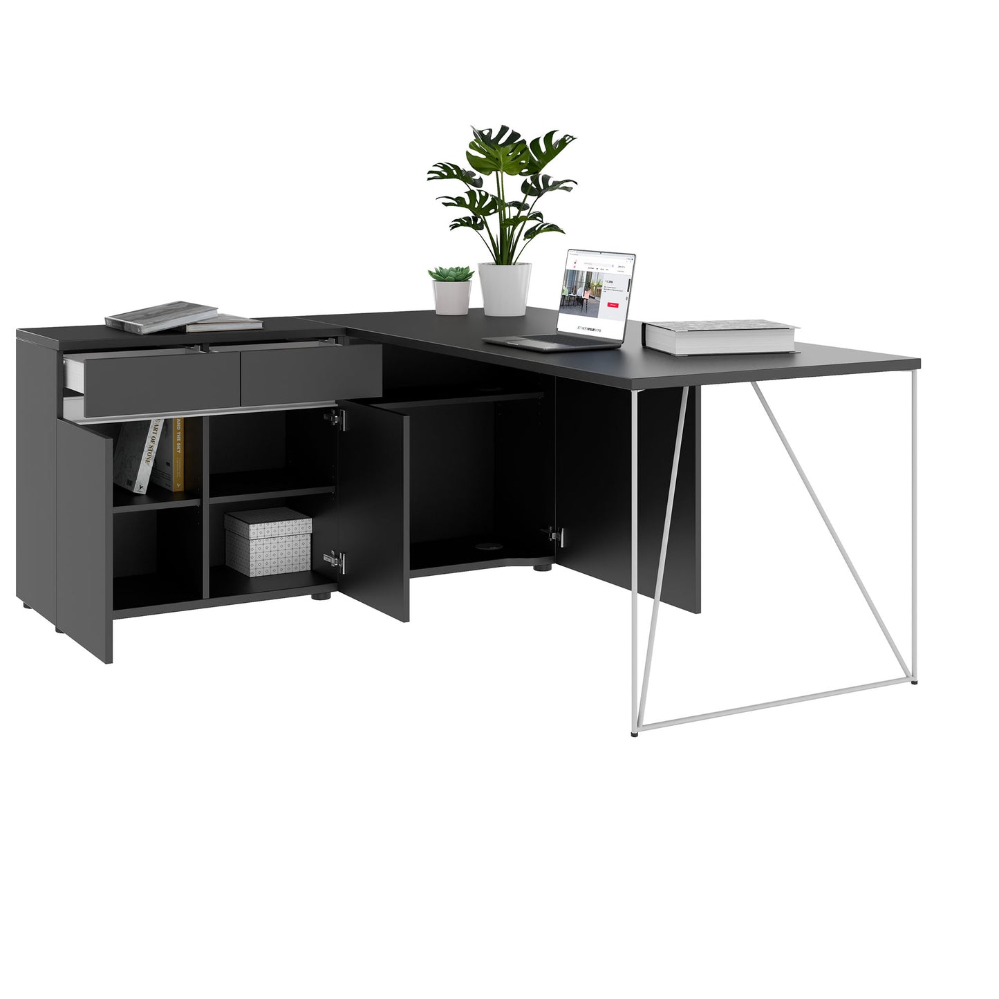 AIR Schreibtisch | 1600 - 2000 mm, elektrifiziert, integriertes Sideboard, Anthrazit