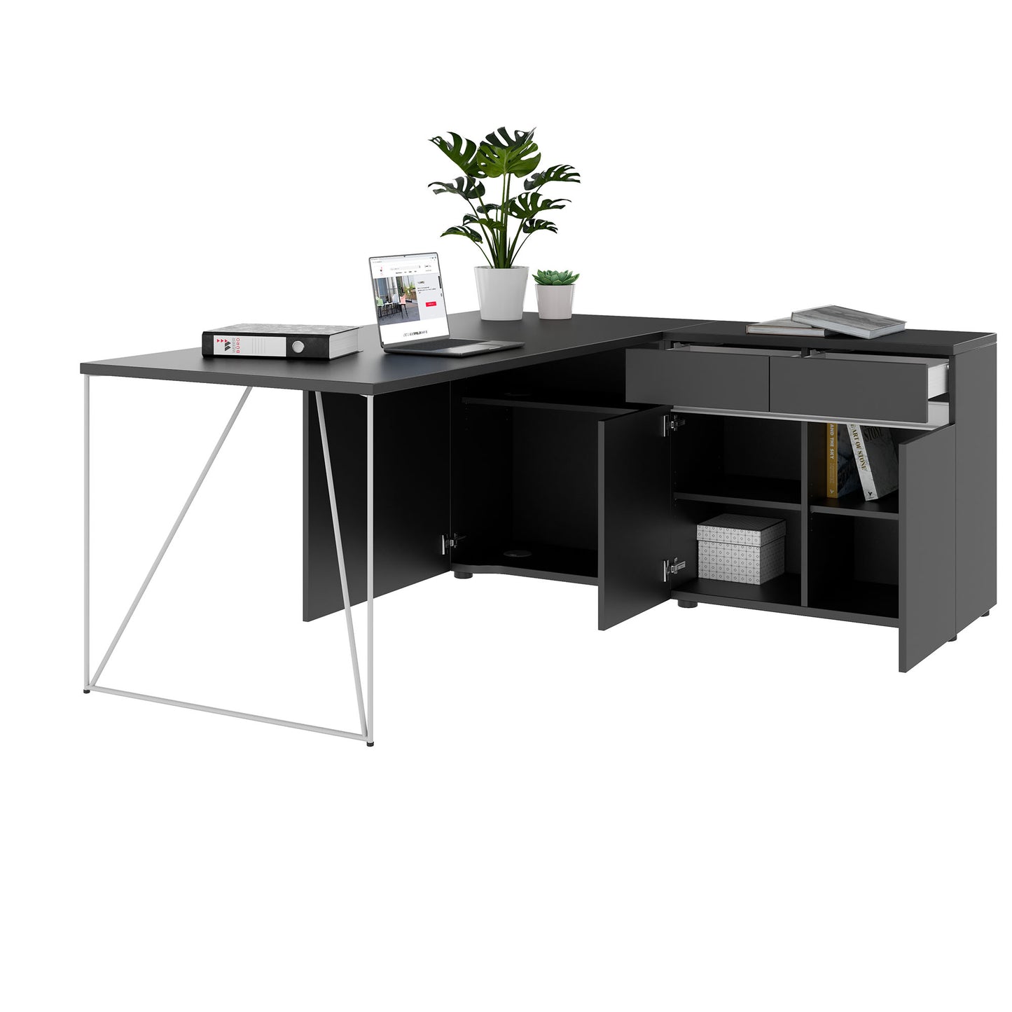 AIR Schreibtisch | 1600 - 2000 mm, elektrifiziert, integriertes Sideboard, Anthrazit