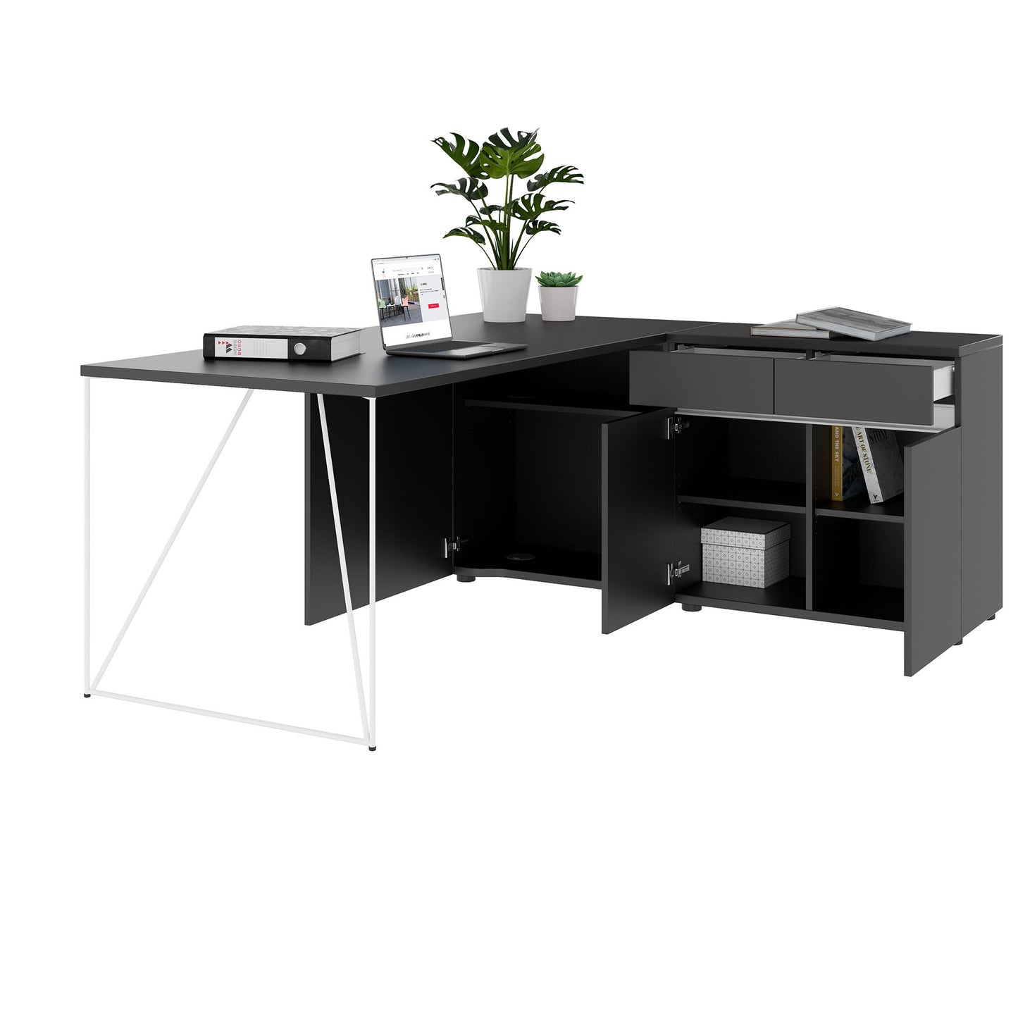 AIR Schreibtisch | 1600 - 2000 mm, elektrifiziert, integriertes Sideboard, Anthrazit