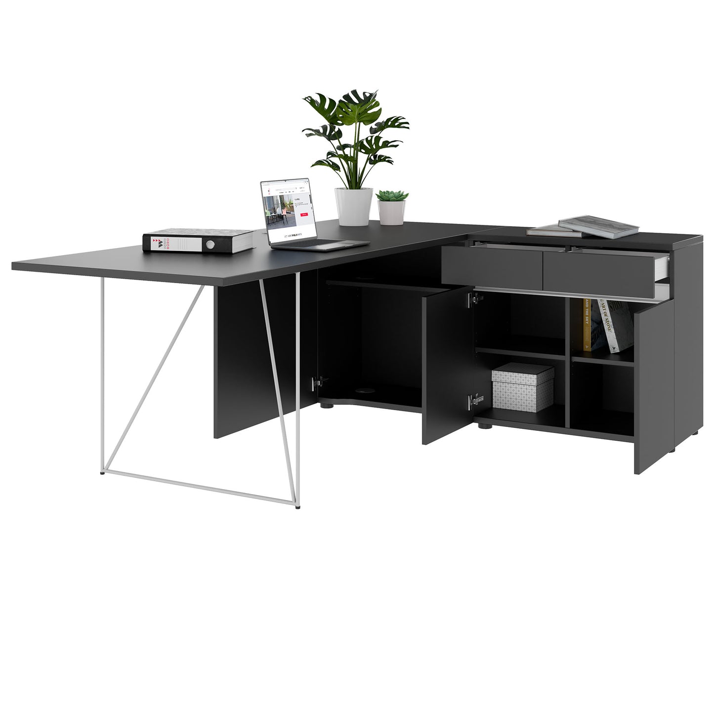 AIR Schreibtisch | 1600 - 2000 mm, elektrifiziert, integriertes Sideboard, Anthrazit