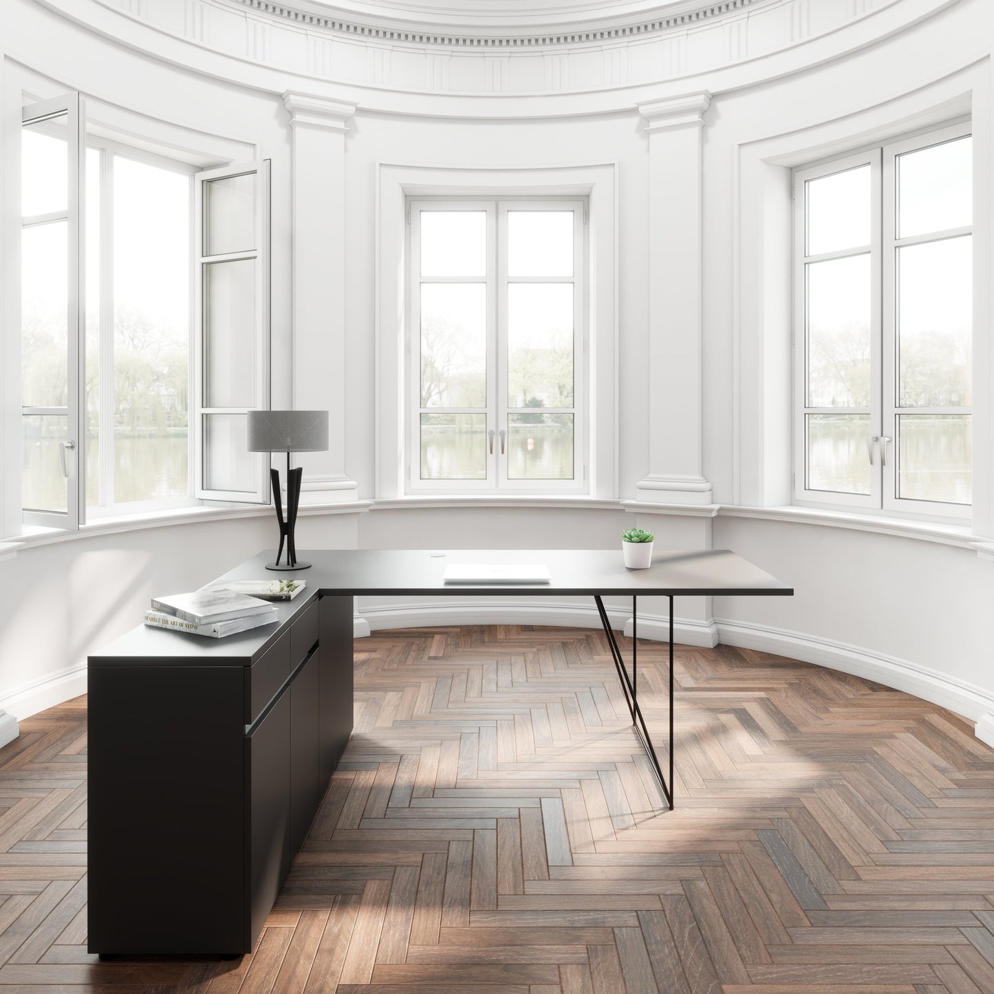 AIR Scrivania | 1600 - 2000 mm, sideboard elettrificata, integrata, antracite