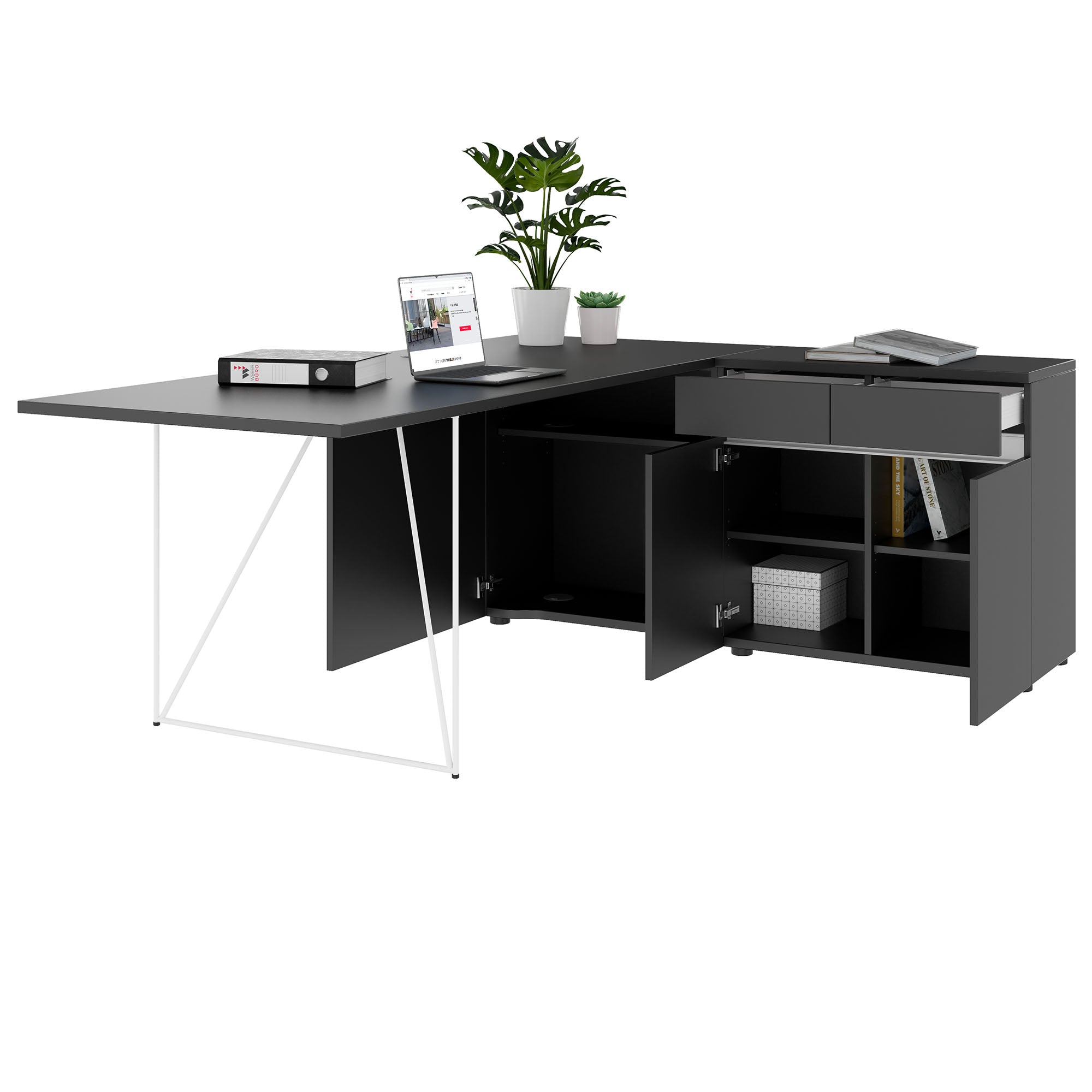 AIR desk | 1600 - 2000 mm, electrified, integrated sideboard, anthracite