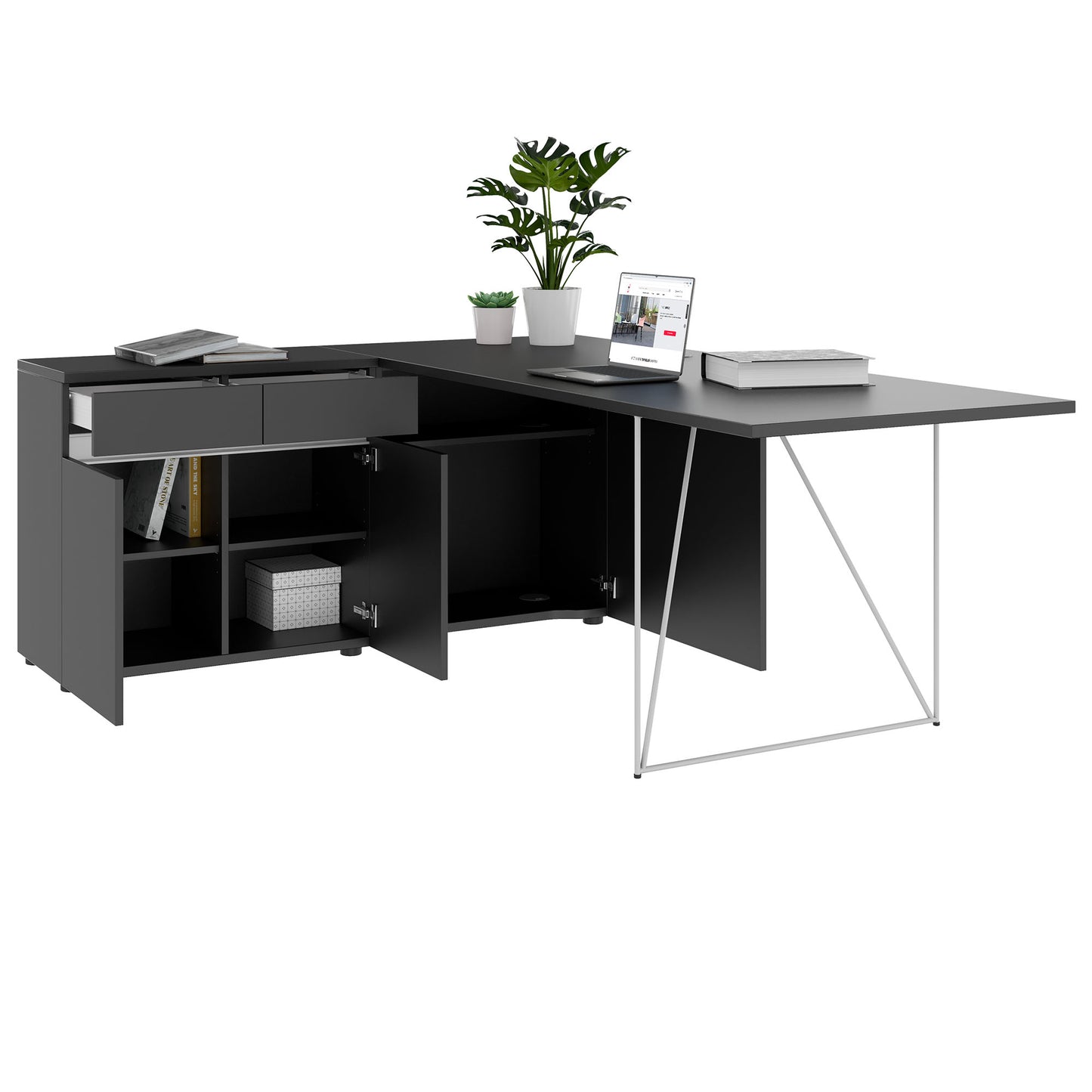 AIR Schreibtisch | 1600 - 2000 mm, elektrifiziert, integriertes Sideboard, Anthrazit