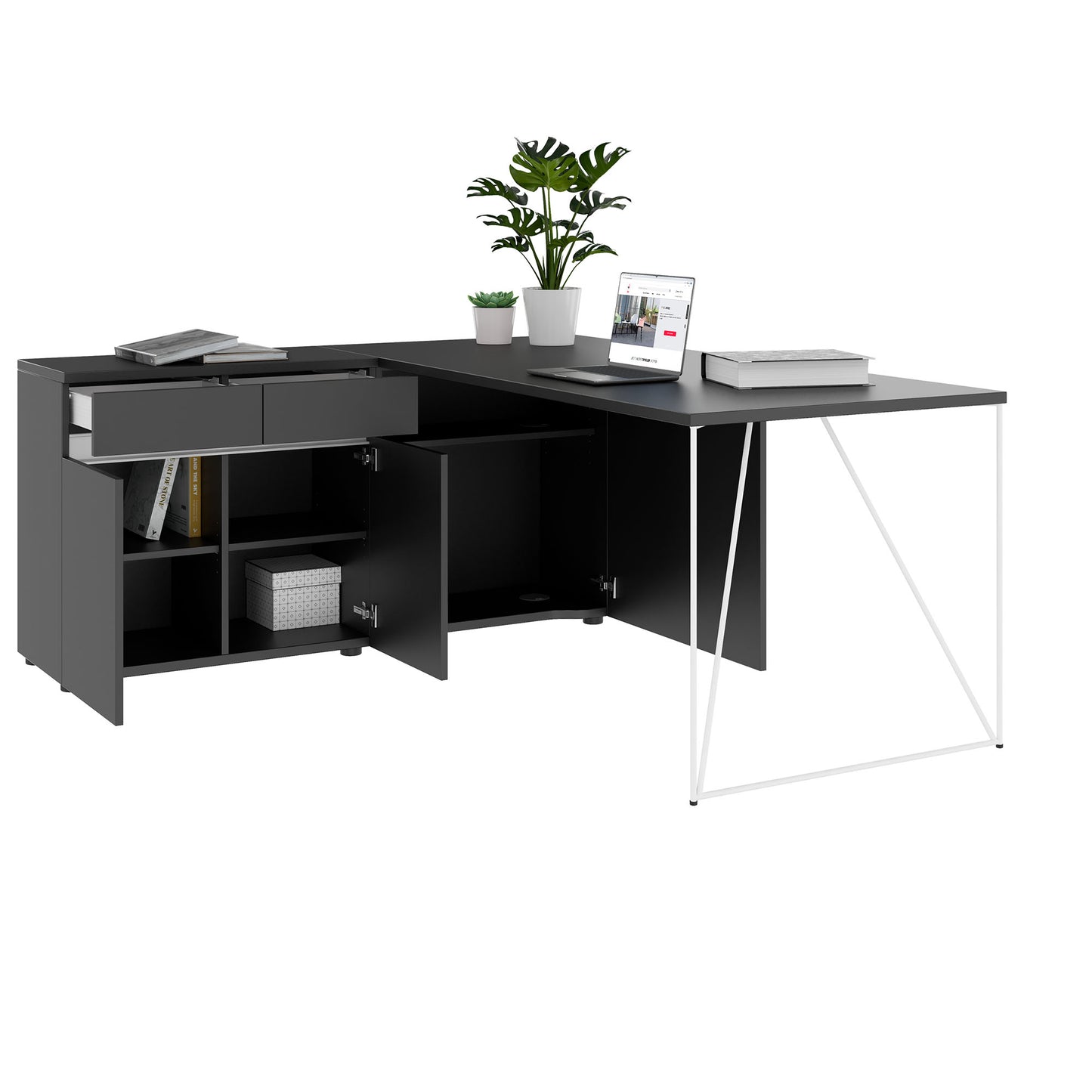 AIR Schreibtisch | 1600 - 2000 mm, elektrifiziert, integriertes Sideboard, Anthrazit