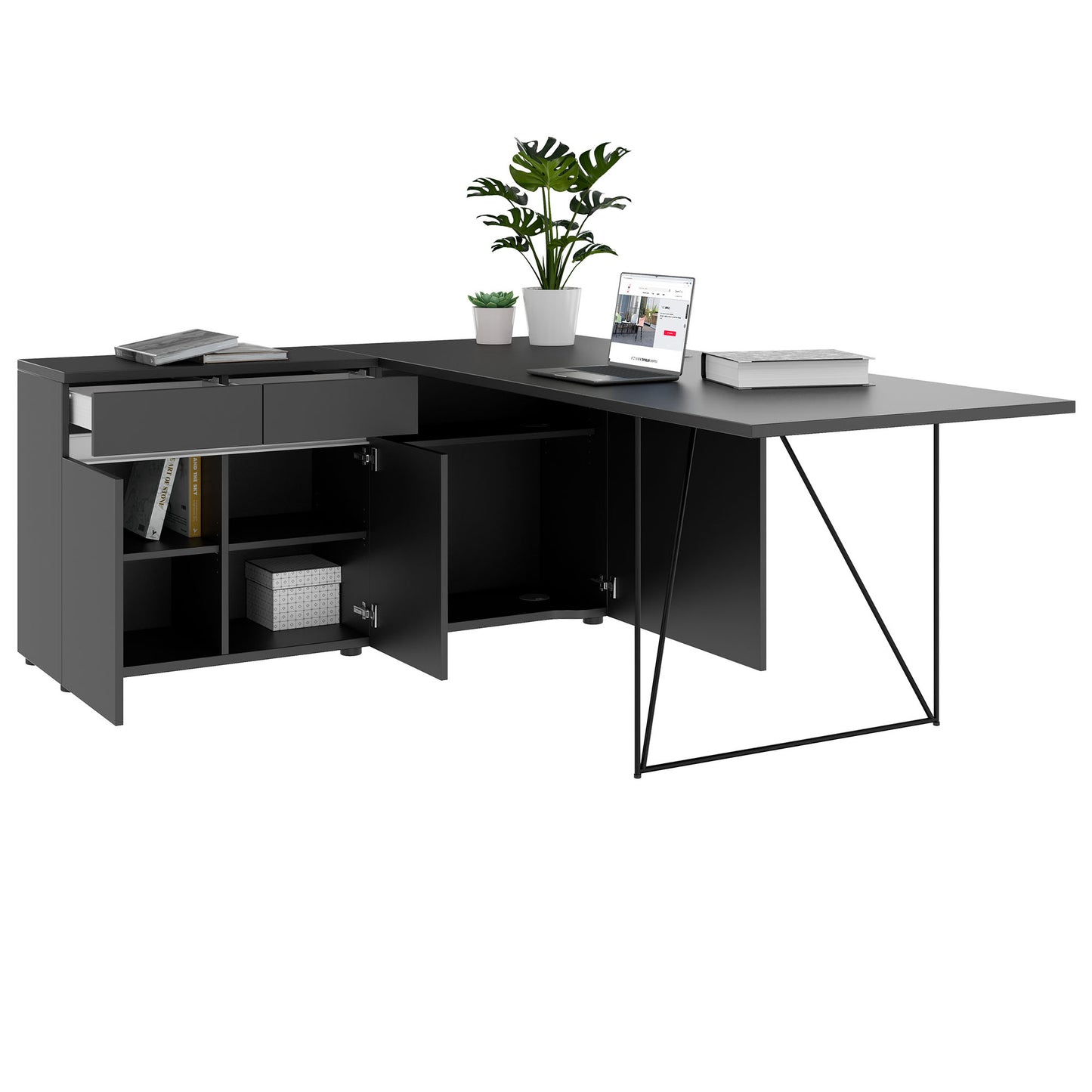 AIR Schreibtisch | 1600 - 2000 mm, elektrifiziert, integriertes Sideboard, Anthrazit