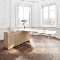 AIR desk | 1600 - 2000 mm, electrified, integrated sideboard, amber oak