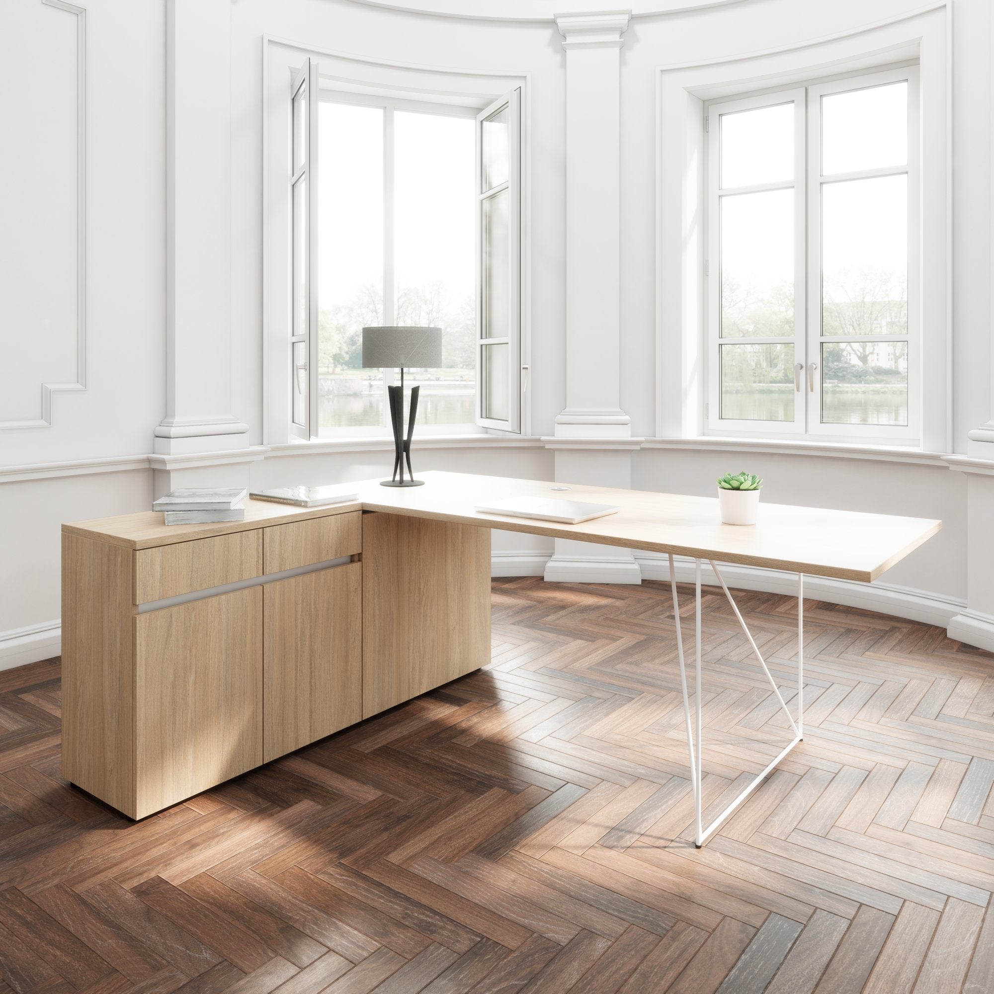 AIR desk | 1600 - 2000 mm, electrified, integrated sideboard, amber oak