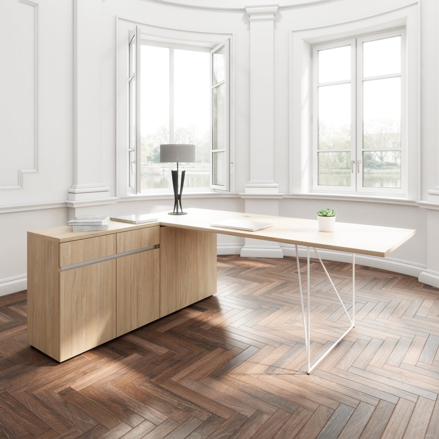 AIR Schreibtisch | 1600 - 2000 mm, elektrifiziert, integriertes Sideboard, Bernsteineiche