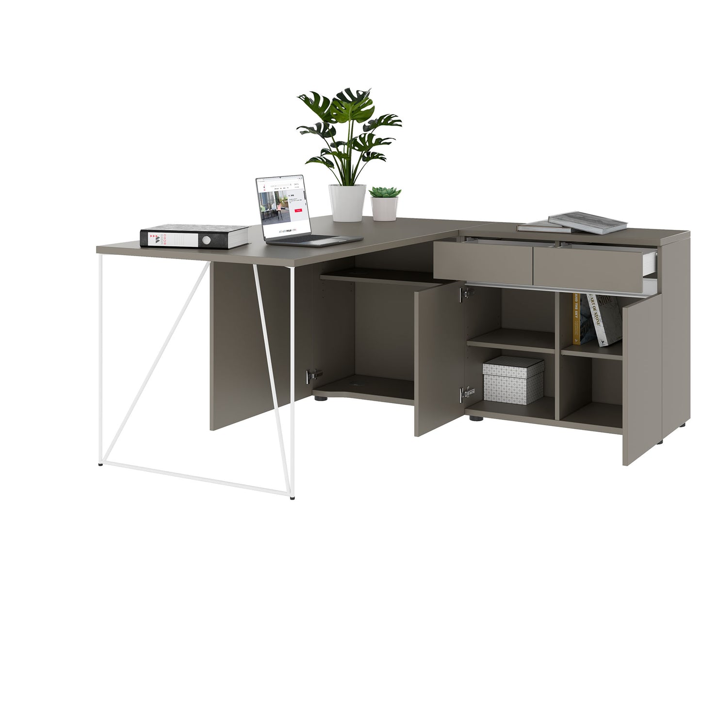 AIR Schreibtisch | 1600 - 2000 mm, elektrifiziert, integriertes Sideboard, Cubanitgrau