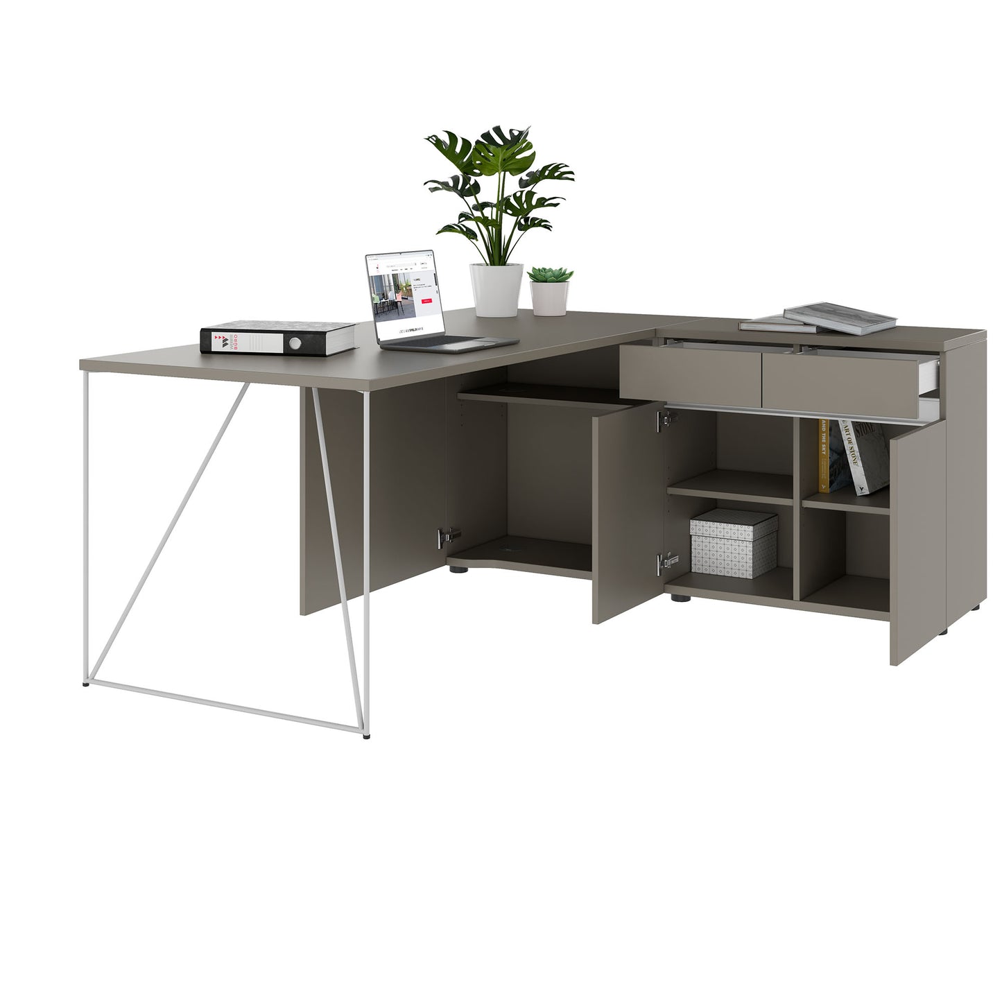 AIR Schreibtisch | 1600 - 2000 mm, elektrifiziert, integriertes Sideboard, Cubanitgrau