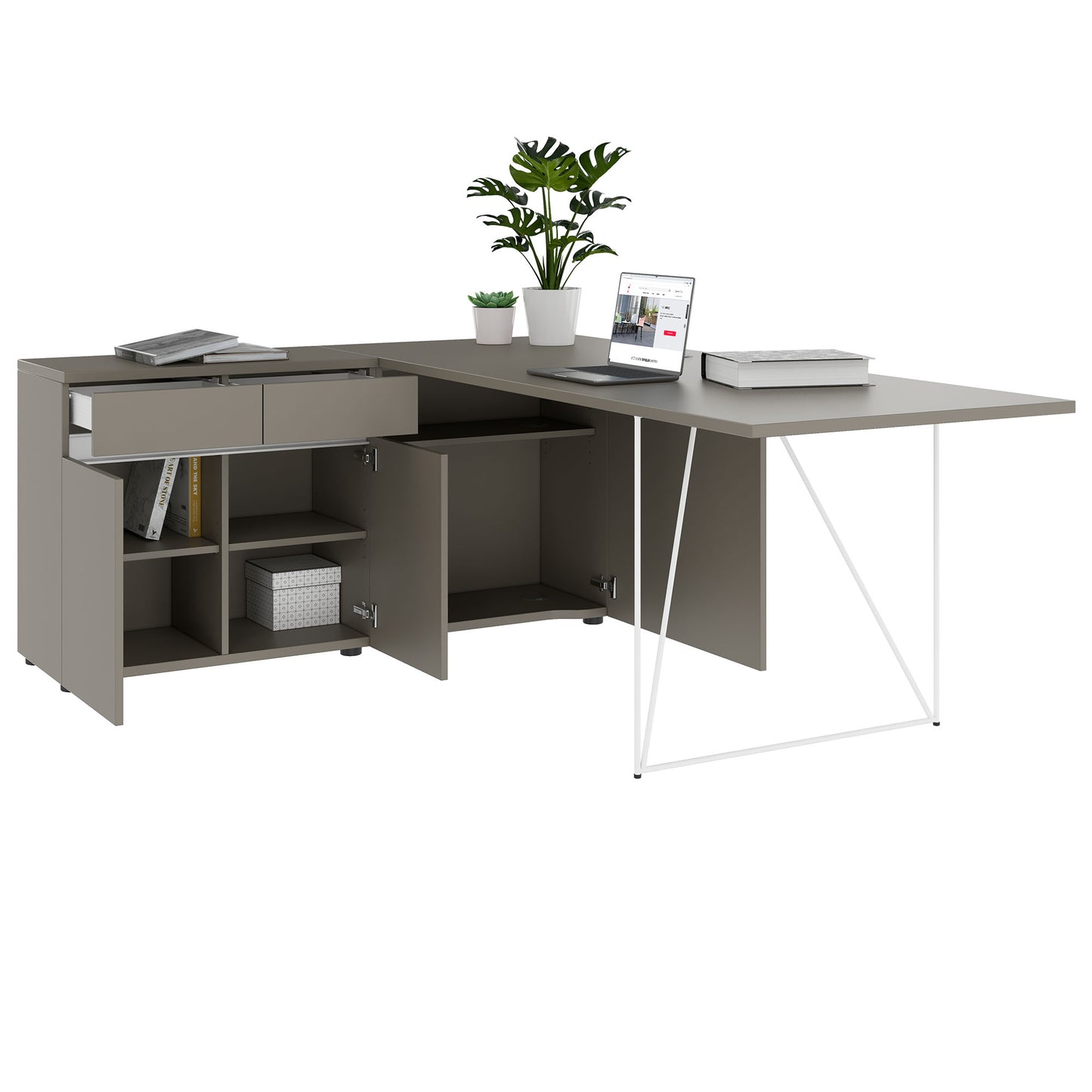 AIR Schreibtisch | 1600 - 2000 mm, elektrifiziert, integriertes Sideboard, Cubanitgrau