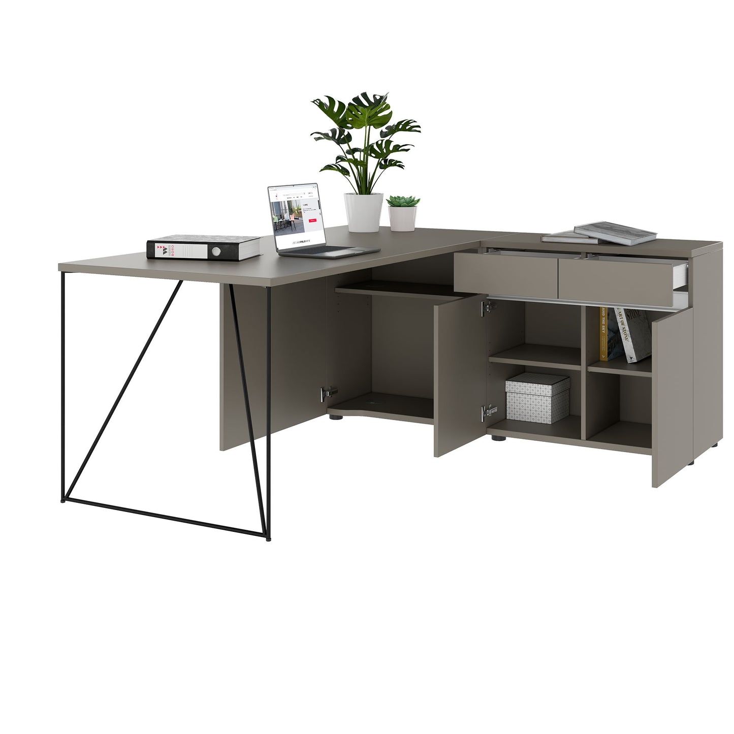 AIR Schreibtisch | 1600 - 2000 mm, elektrifiziert, integriertes Sideboard, Cubanitgrau