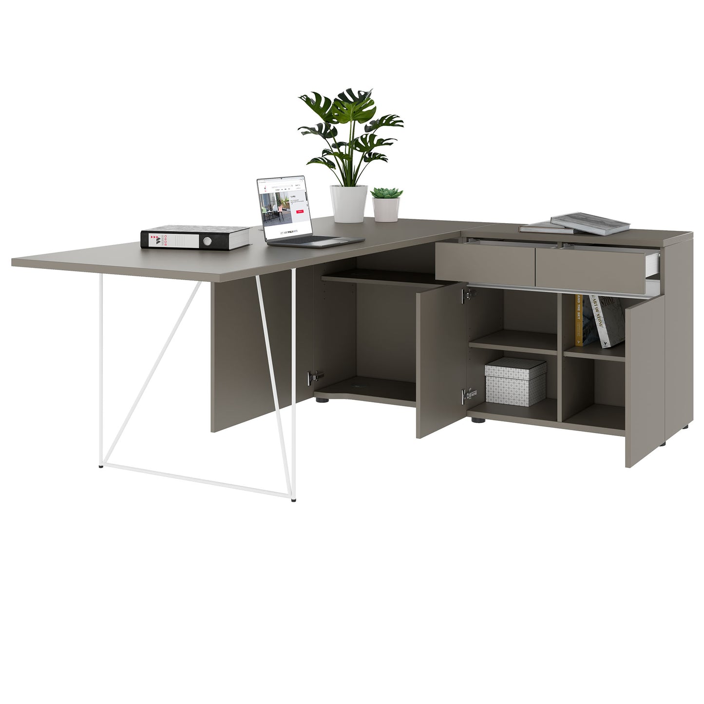 AIR Schreibtisch | 1600 - 2000 mm, elektrifiziert, integriertes Sideboard, Cubanitgrau
