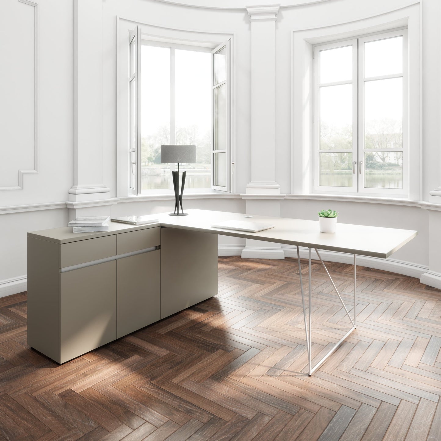 AIR Schreibtisch | 1600 - 2000 mm, elektrifiziert, integriertes Sideboard, Cubanitgrau