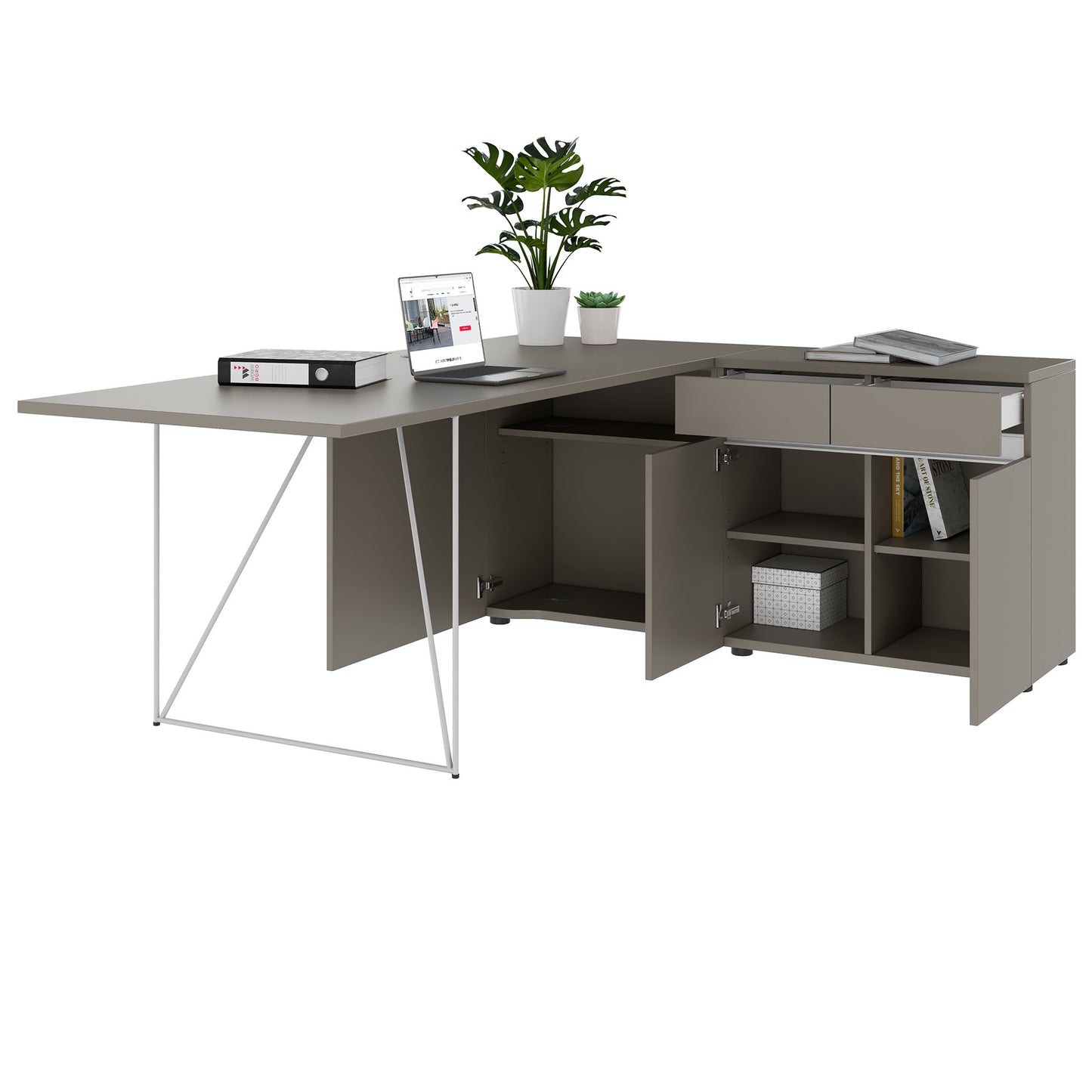 AIR Schreibtisch | 1600 - 2000 mm, elektrifiziert, integriertes Sideboard, Cubanitgrau