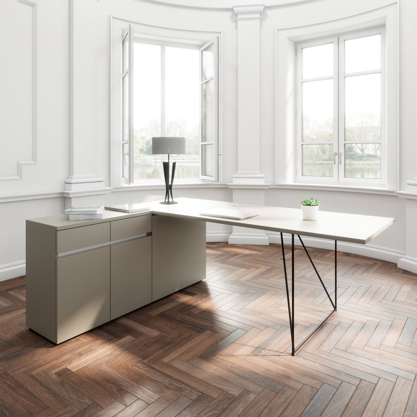 AIR Schreibtisch | 1600 - 2000 mm, elektrifiziert, integriertes Sideboard, Cubanitgrau