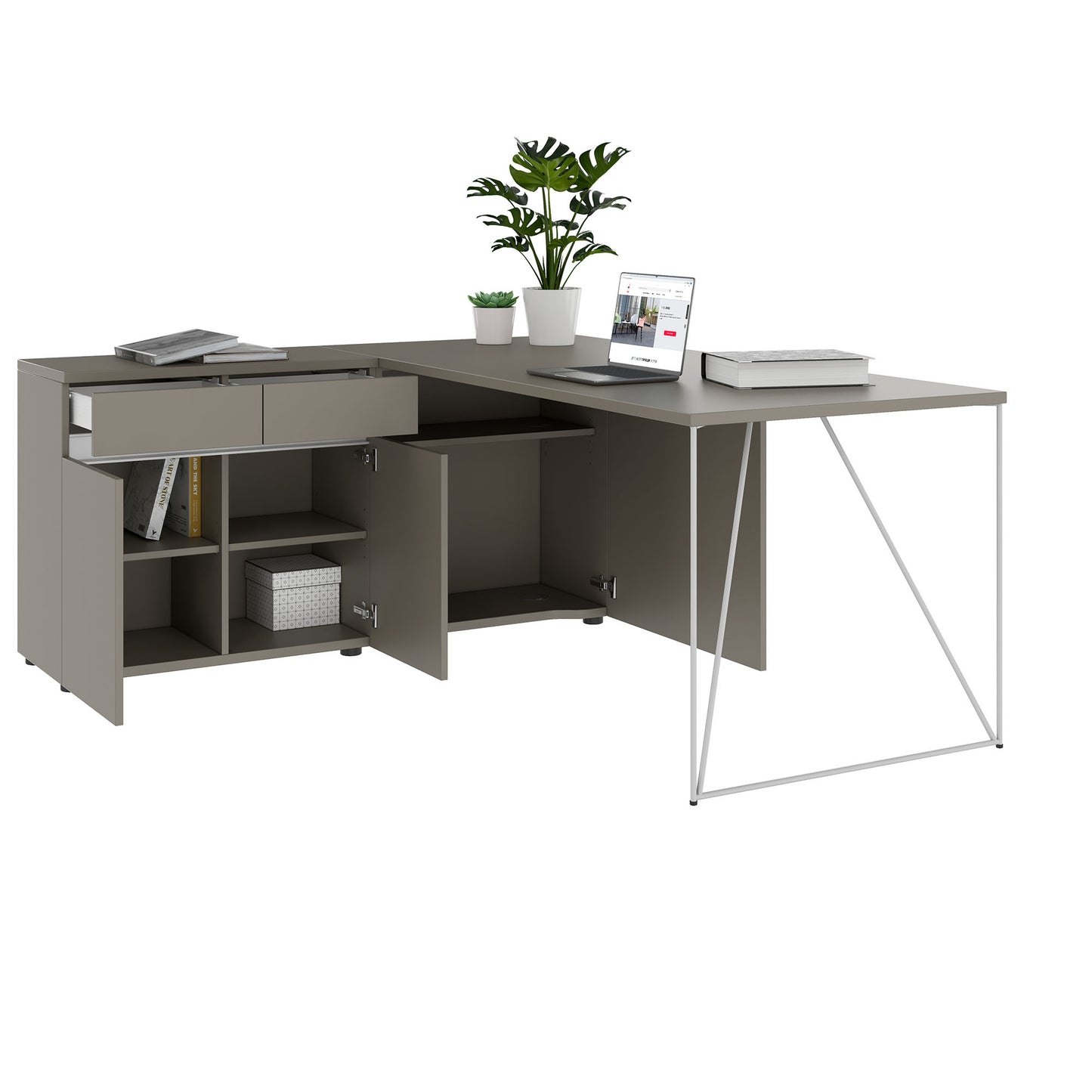 AIR Schreibtisch | 1600 - 2000 mm, elektrifiziert, integriertes Sideboard, Cubanitgrau