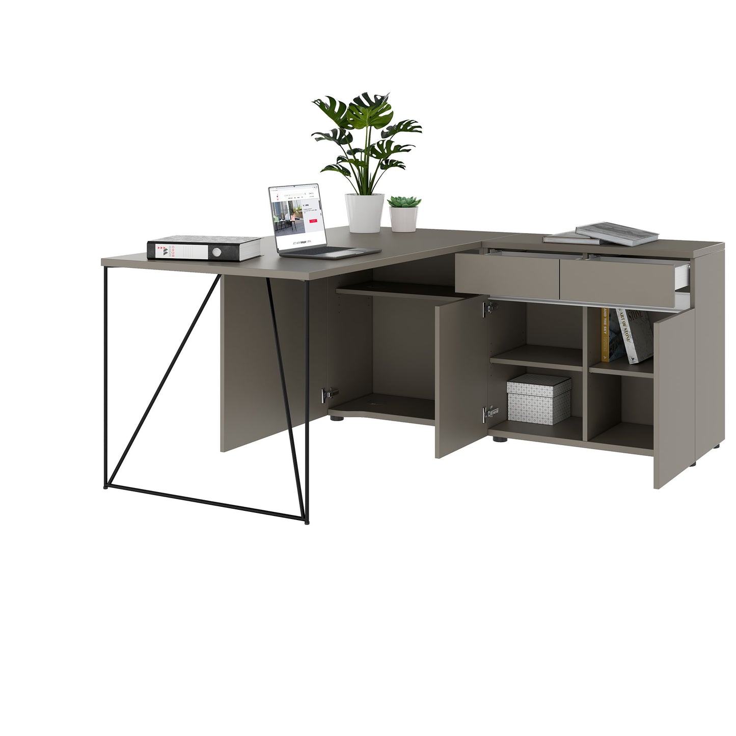 AIR Schreibtisch | 1600 - 2000 mm, elektrifiziert, integriertes Sideboard, Cubanitgrau