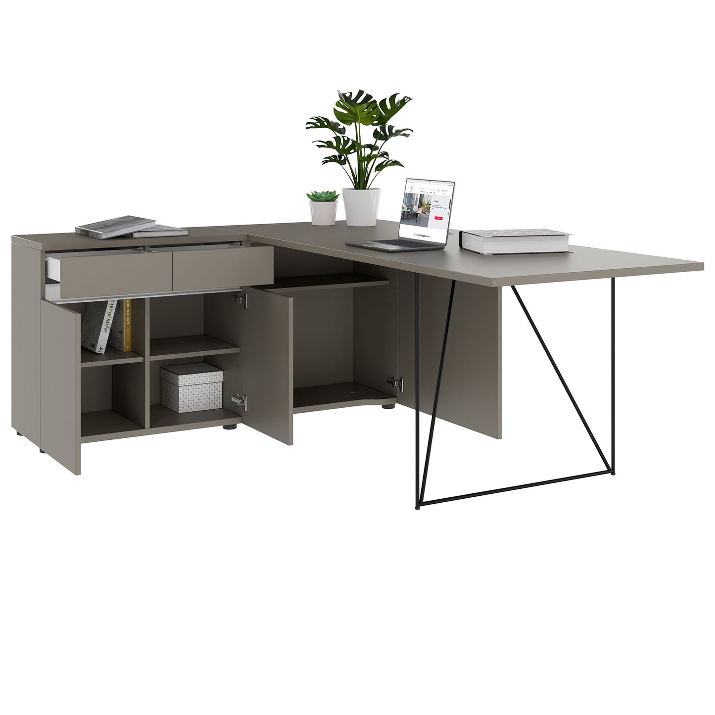 AIR Schreibtisch | 1600 - 2000 mm, elektrifiziert, integriertes Sideboard, Cubanitgrau