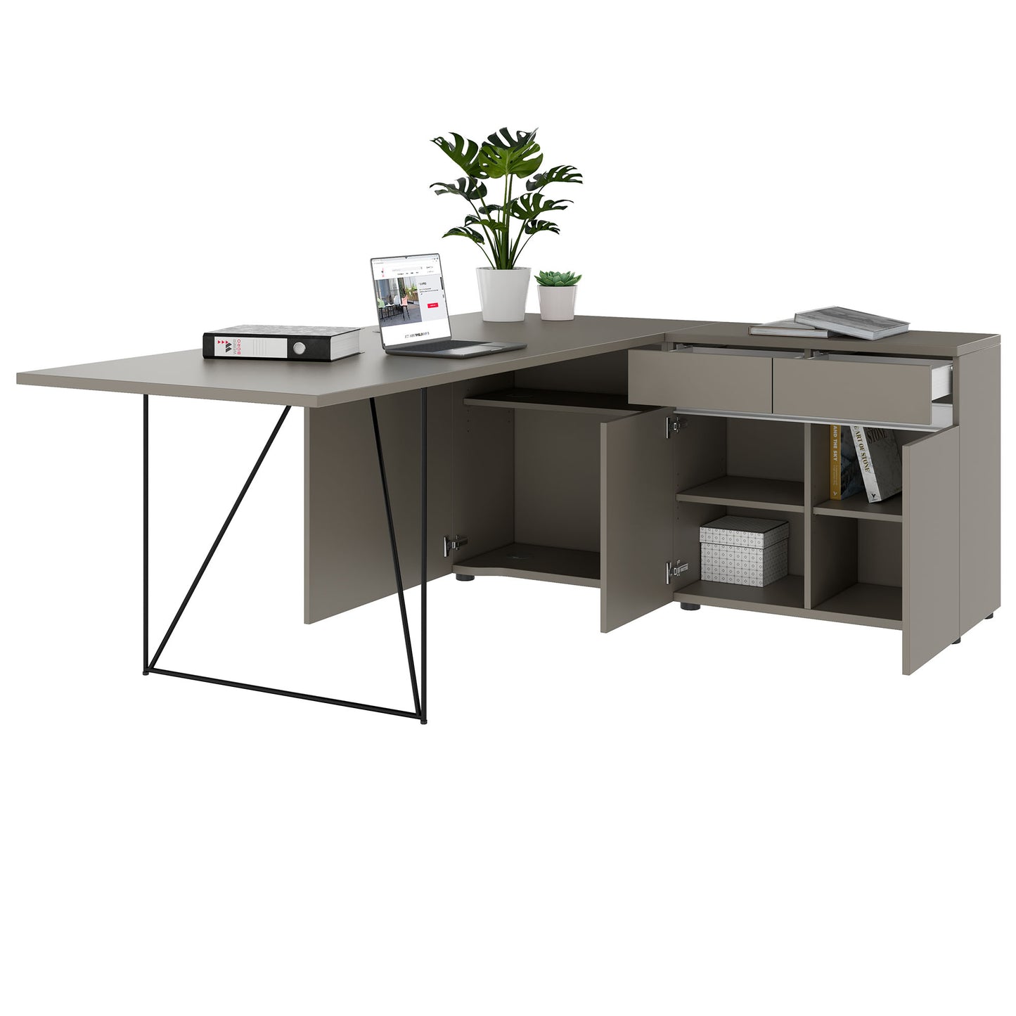 AIR Schreibtisch | 1600 - 2000 mm, elektrifiziert, integriertes Sideboard, Cubanitgrau