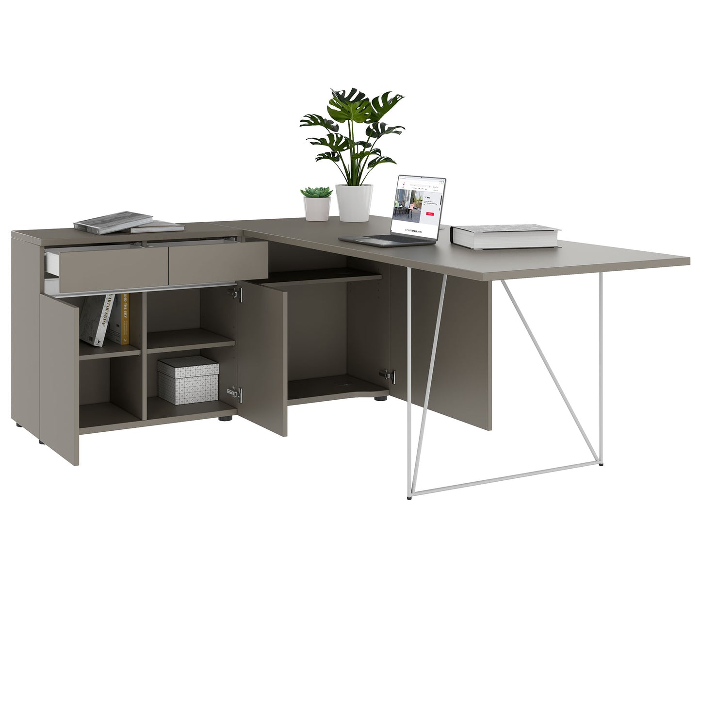 AIR Schreibtisch | 1600 - 2000 mm, elektrifiziert, integriertes Sideboard, Cubanitgrau