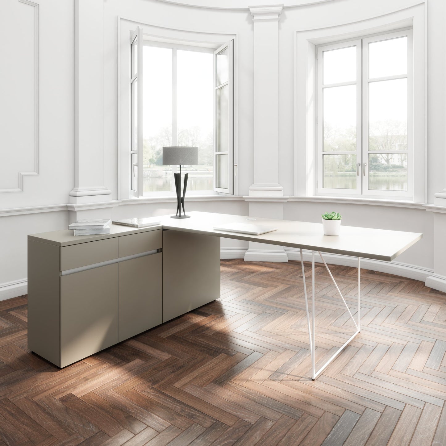 AIR Schreibtisch | 1600 - 2000 mm, elektrifiziert, integriertes Sideboard, Cubanitgrau