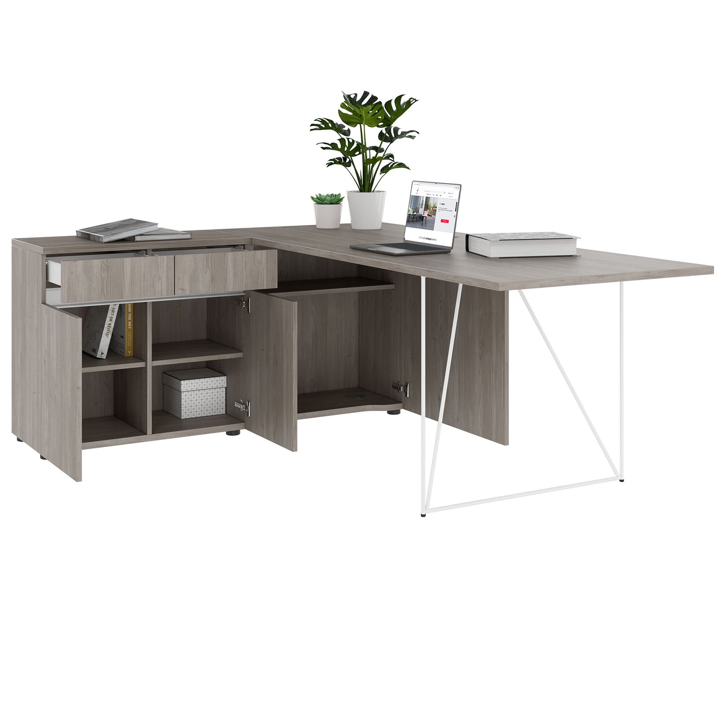 AIR Schreibtisch | 1600 - 2000 mm, elektrifiziert, integriertes Sideboard, Nordeiche grau