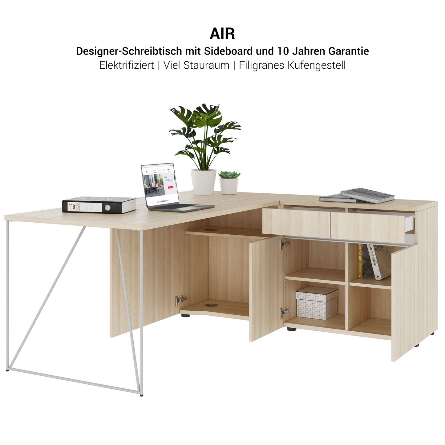 AIR Schreibtisch | 1600 - 2000 mm, elektrifiziert, integriertes Sideboard, Nordeiche grau
