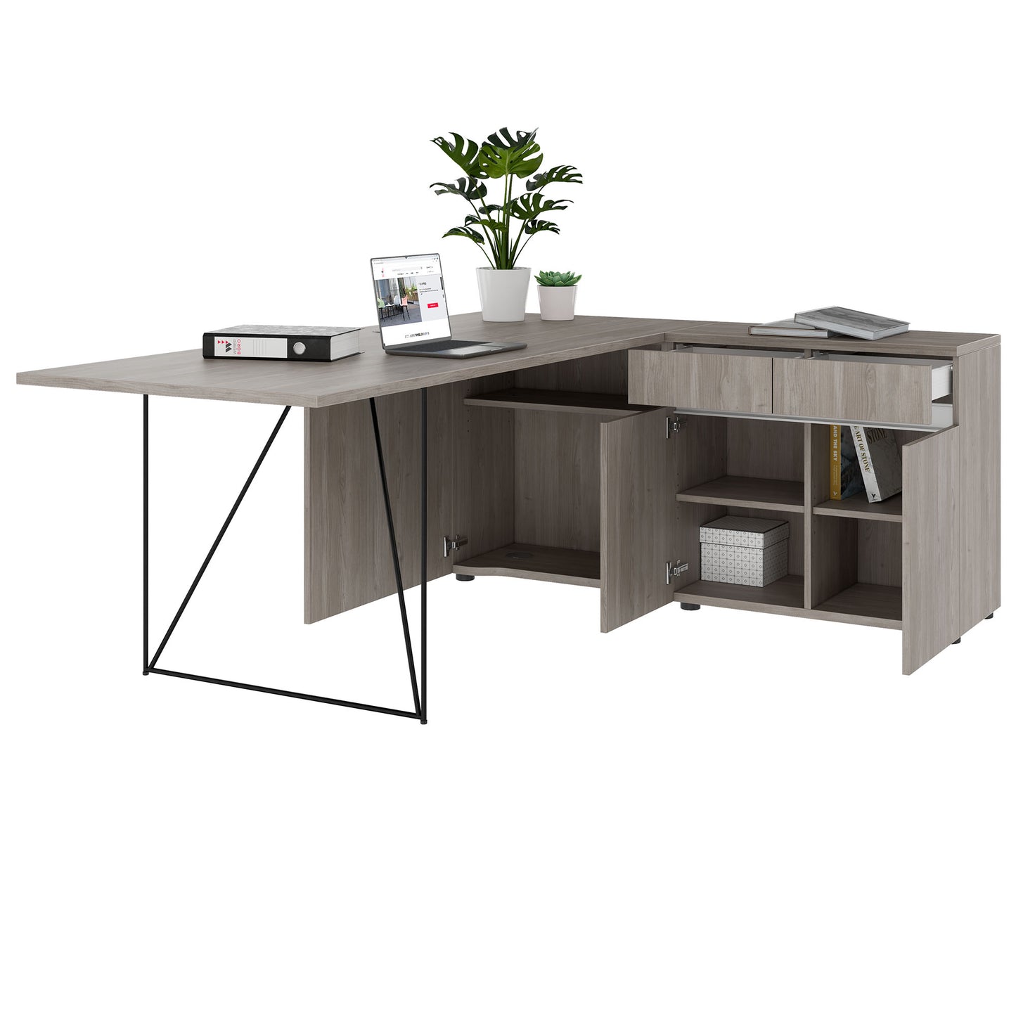 AIR Schreibtisch | 1600 - 2000 mm, elektrifiziert, integriertes Sideboard, Nordeiche grau