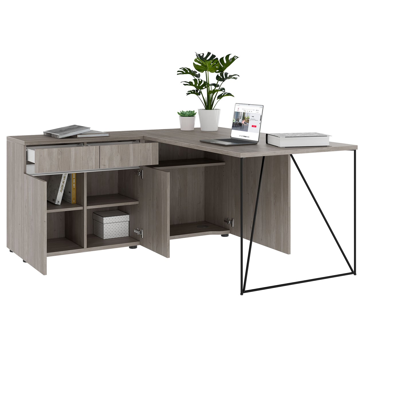 AIR Schreibtisch | 1600 - 2000 mm, elektrifiziert, integriertes Sideboard, Nordeiche grau