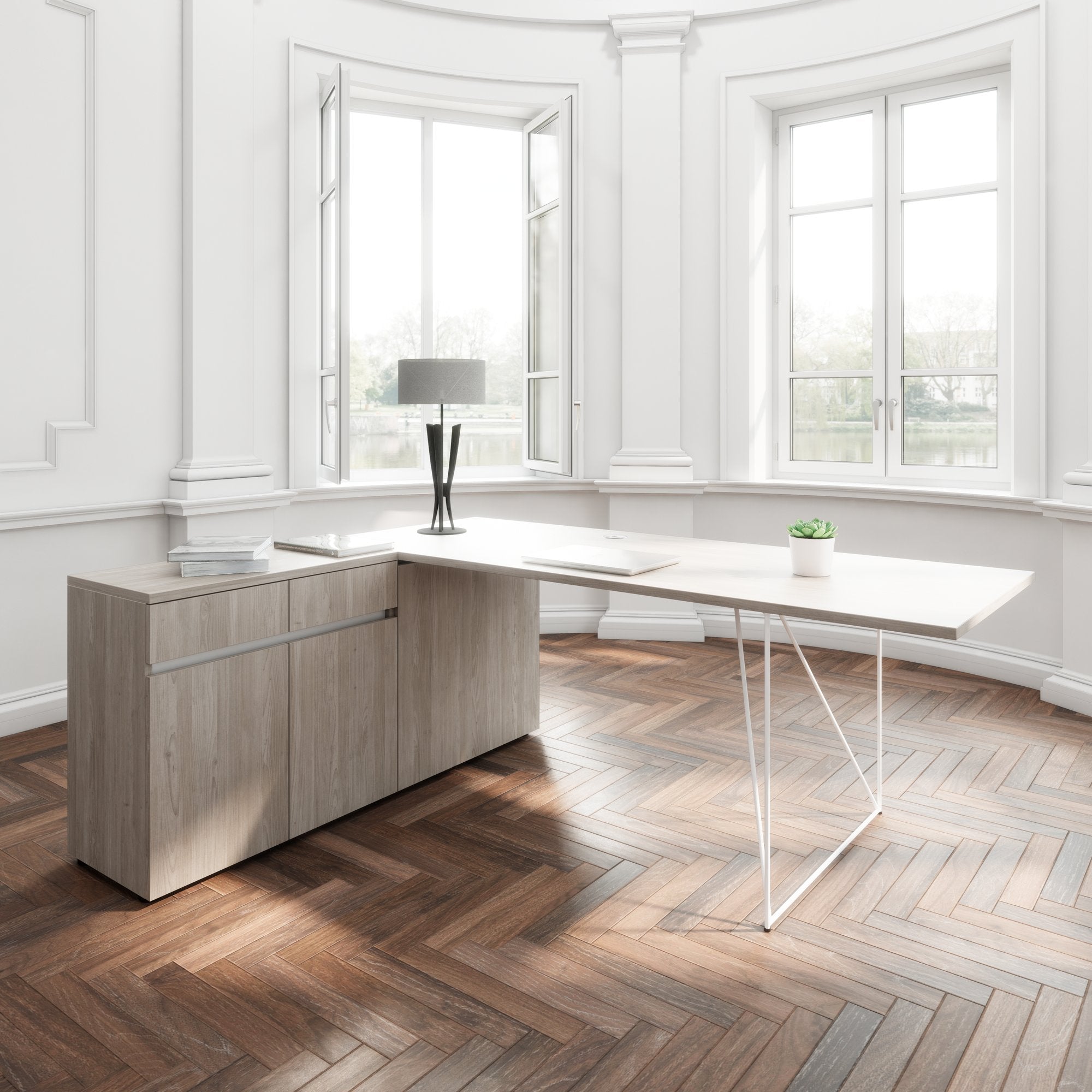 AIR desk | 1600 - 2000 mm, electrified, integrated sideboard, gray northern oak