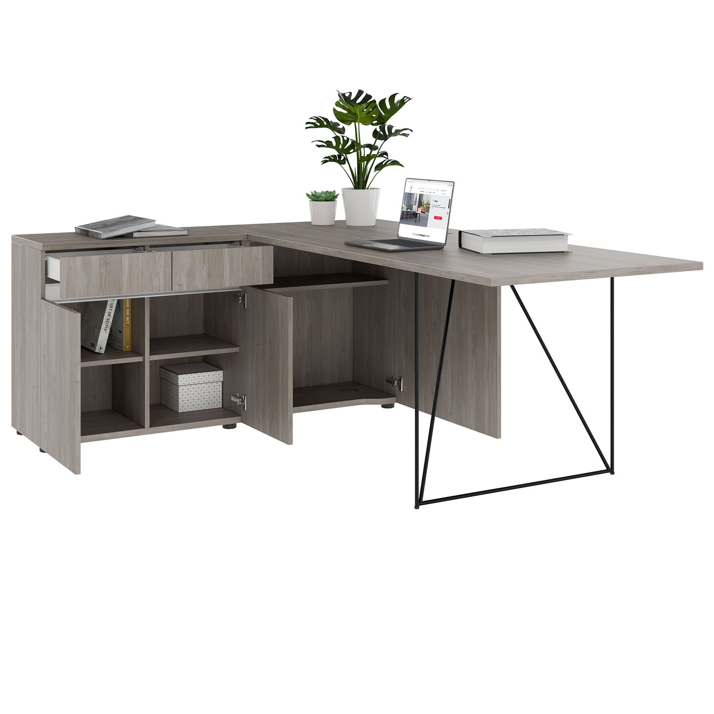 AIR Schreibtisch | 1600 - 2000 mm, elektrifiziert, integriertes Sideboard, Nordeiche grau