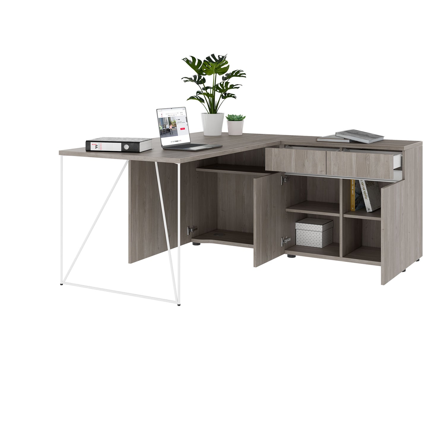 AIR Schreibtisch | 1600 - 2000 mm, elektrifiziert, integriertes Sideboard, Nordeiche grau