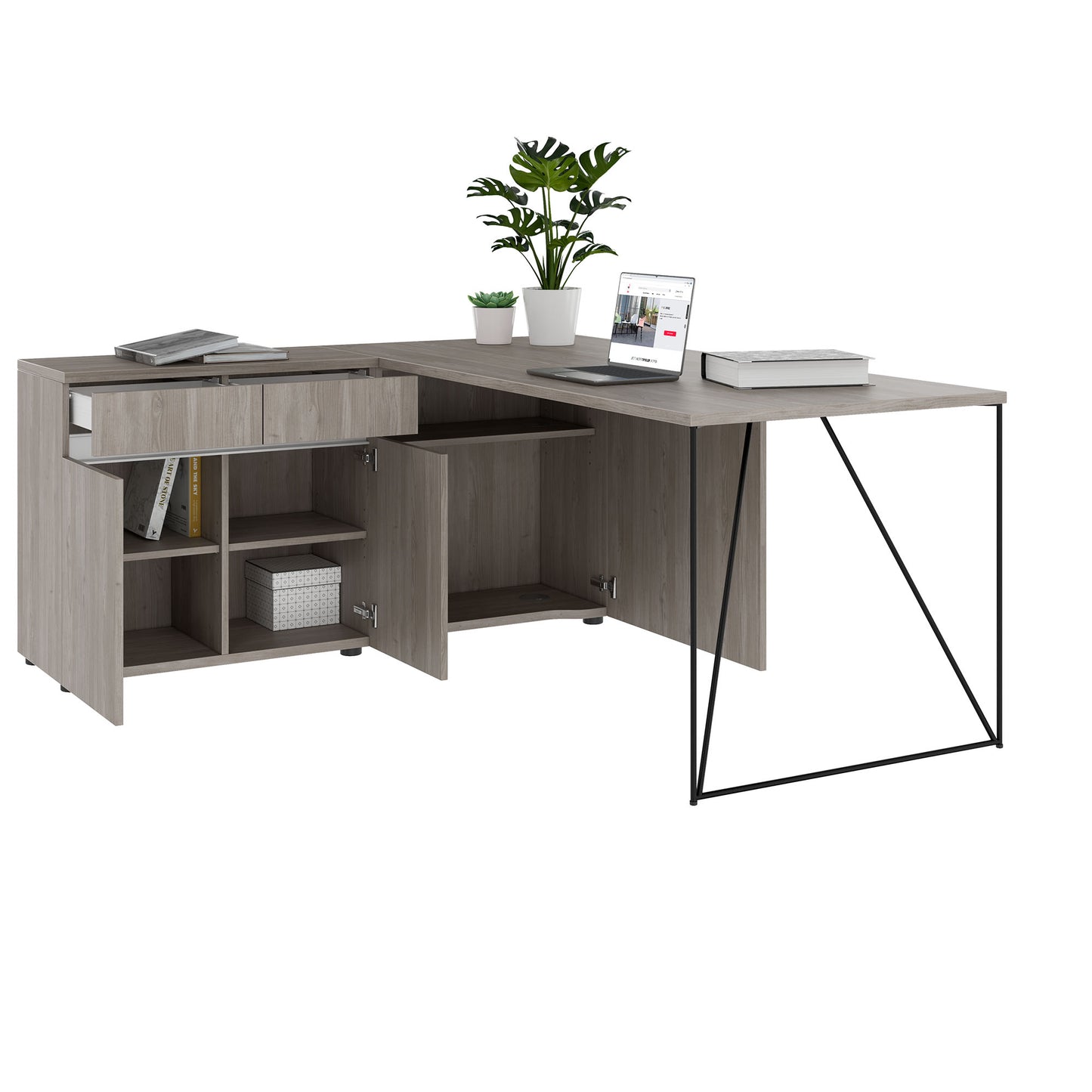 AIR Schreibtisch | 1600 - 2000 mm, elektrifiziert, integriertes Sideboard, Nordeiche grau