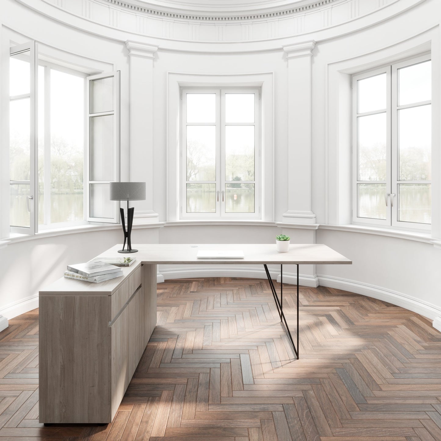 AIR Schreibtisch | 1600 - 2000 mm, elektrifiziert, integriertes Sideboard, Nordeiche grau