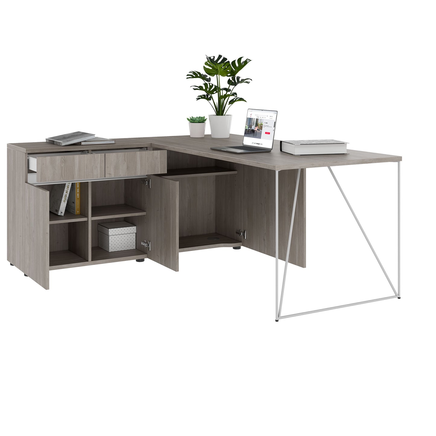 AIR Schreibtisch | 1600 - 2000 mm, elektrifiziert, integriertes Sideboard, Nordeiche grau
