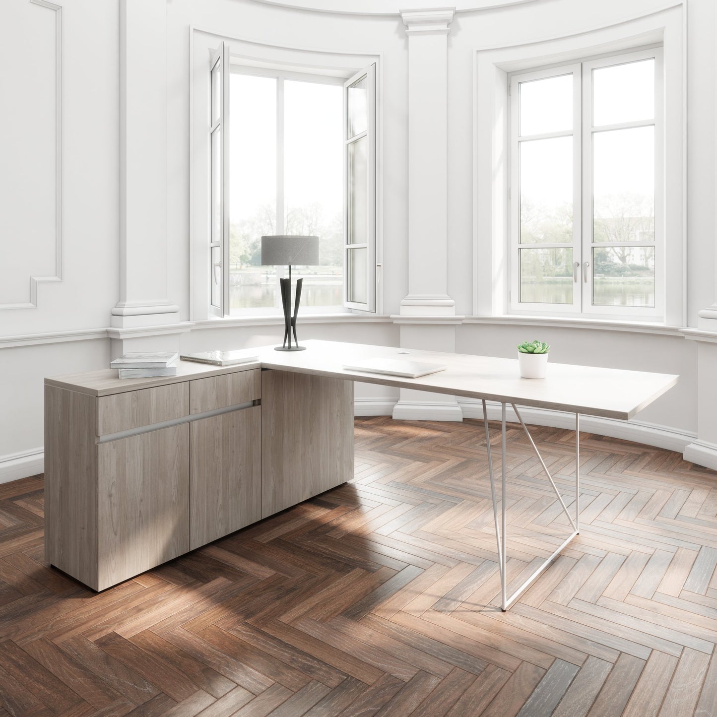 AIR Schreibtisch | 1600 - 2000 mm, elektrifiziert, integriertes Sideboard, Nordeiche grau