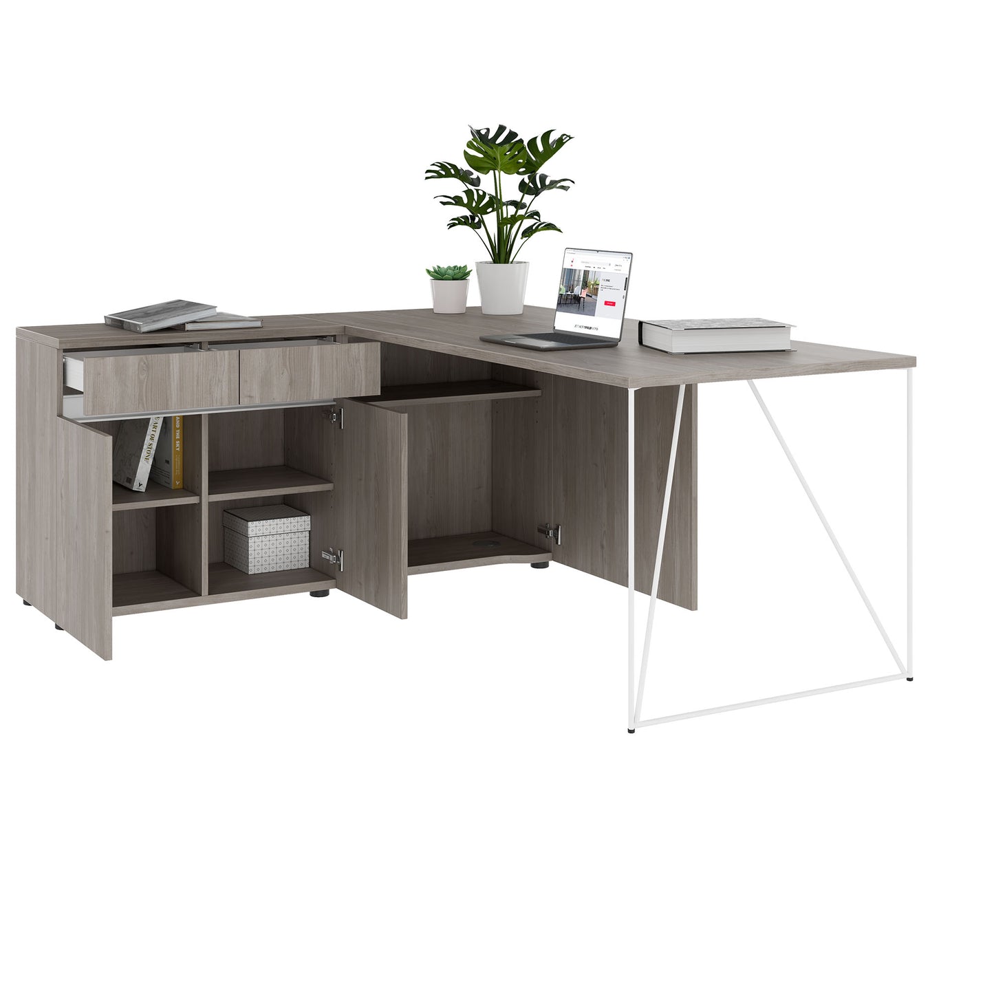 AIR Schreibtisch | 1600 - 2000 mm, elektrifiziert, integriertes Sideboard, Nordeiche grau