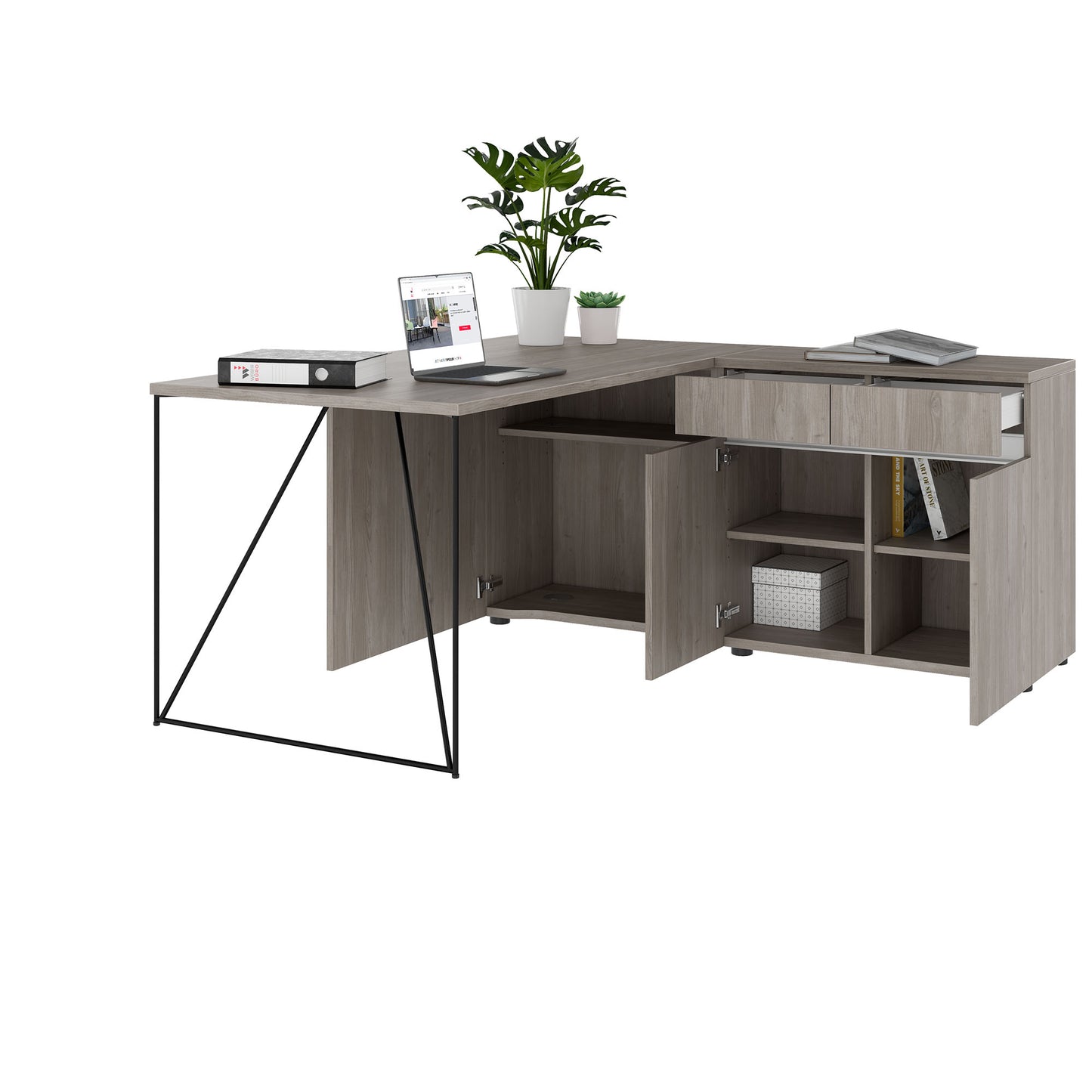 AIR Schreibtisch | 1600 - 2000 mm, elektrifiziert, integriertes Sideboard, Nordeiche grau