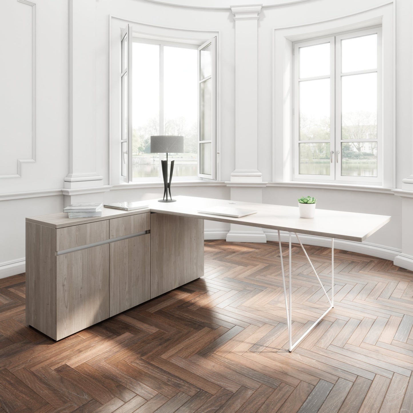 AIR Schreibtisch | 1600 - 2000 mm, elektrifiziert, integriertes Sideboard, Nordeiche grau