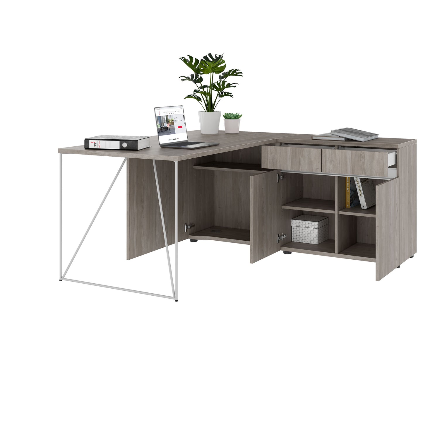 AIR Schreibtisch | 1600 - 2000 mm, elektrifiziert, integriertes Sideboard, Nordeiche grau