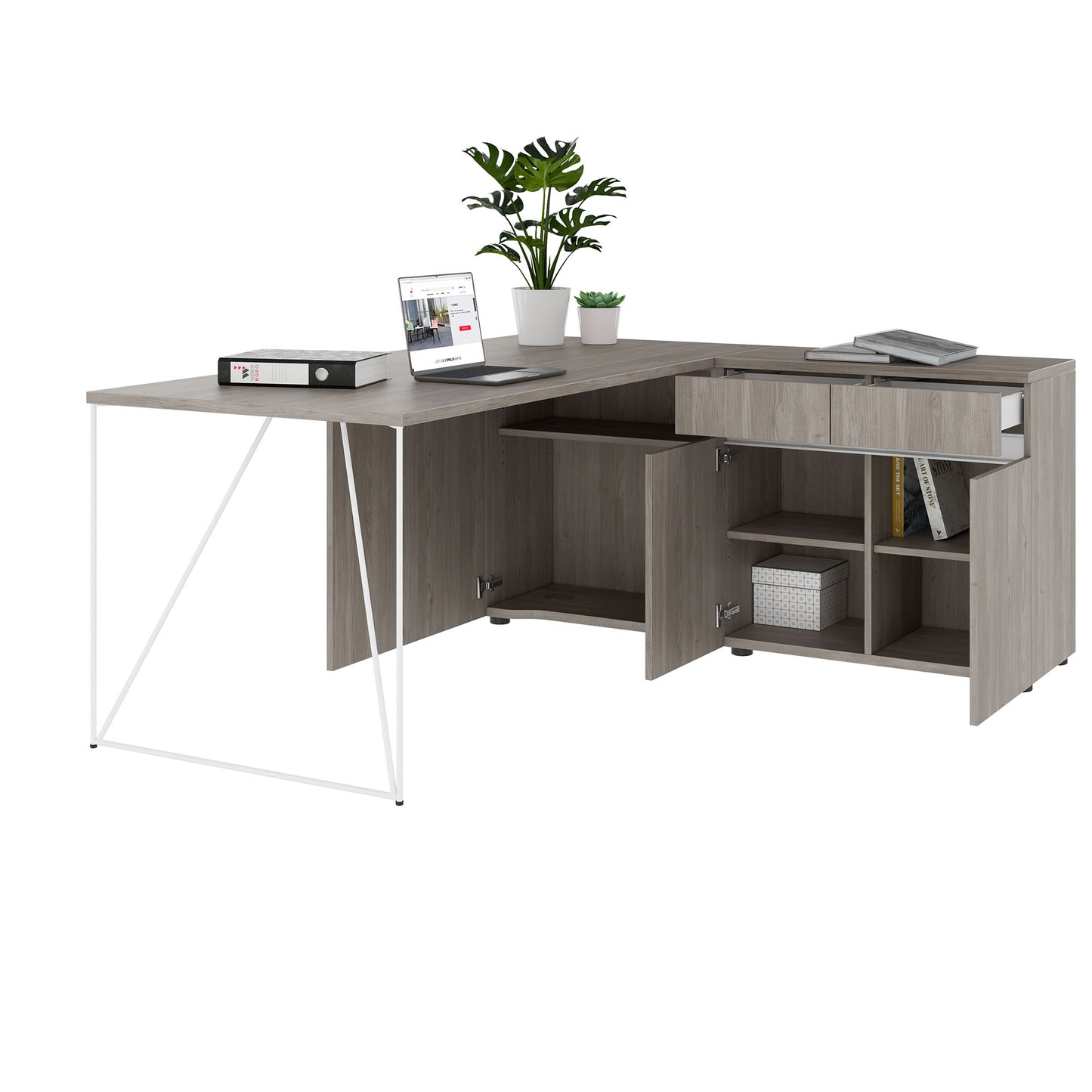 AIR desk | 1600 - 2000 mm, electrified, integrated sideboard, gray northern oak