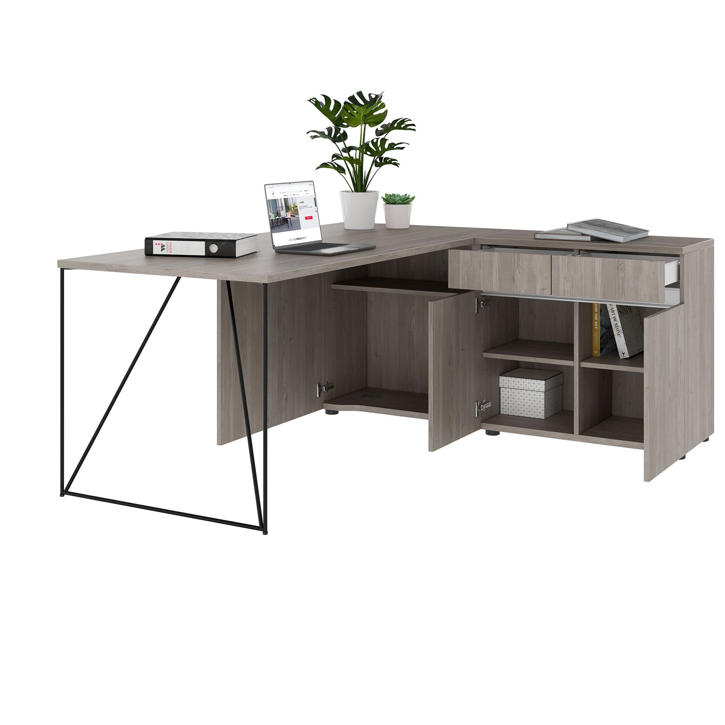 AIR Schreibtisch | 1600 - 2000 mm, elektrifiziert, integriertes Sideboard, Nordeiche grau