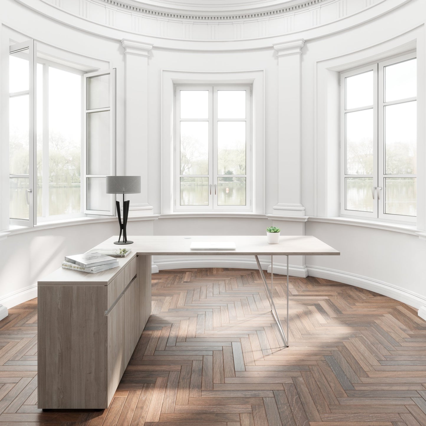AIR Schreibtisch | 1600 - 2000 mm, elektrifiziert, integriertes Sideboard, Nordeiche grau