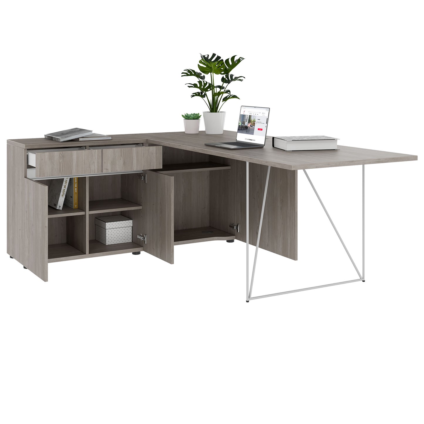 AIR Schreibtisch | 1600 - 2000 mm, elektrifiziert, integriertes Sideboard, Nordeiche grau