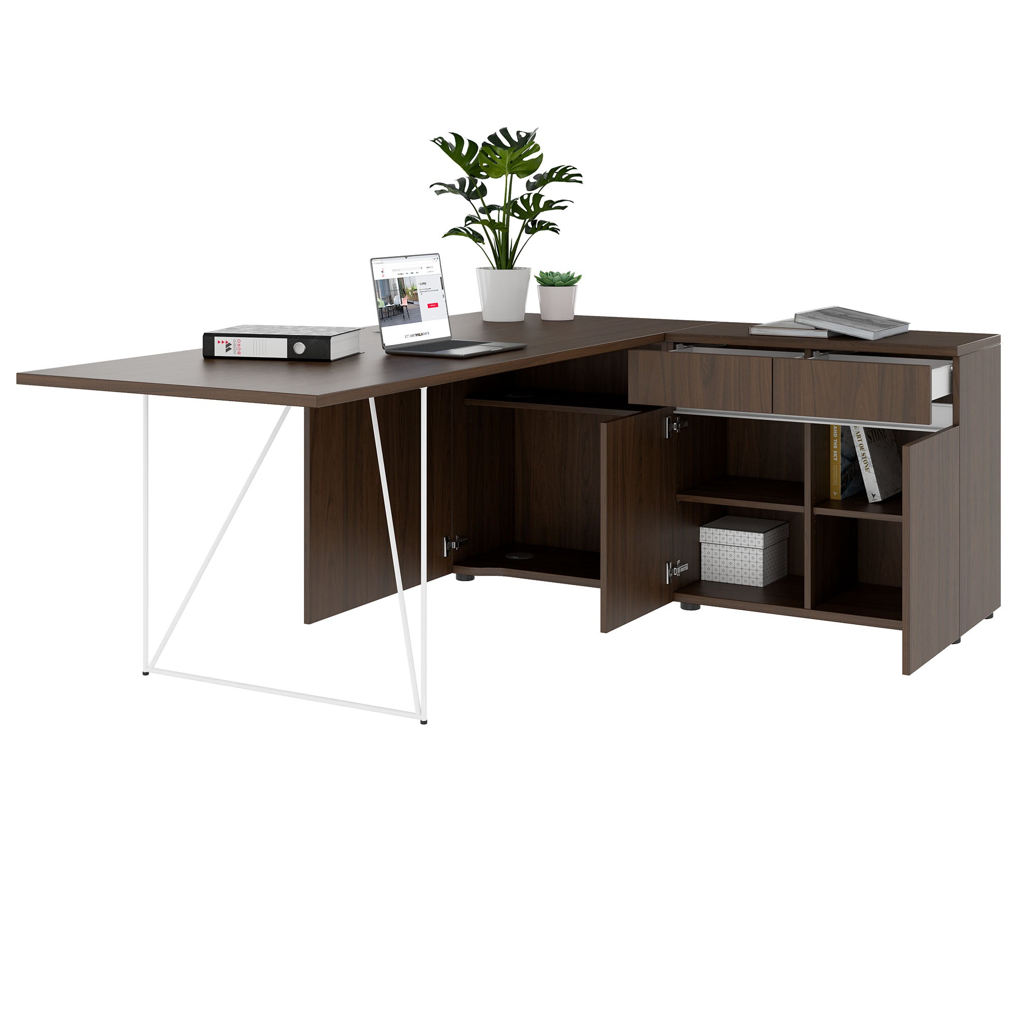 AIR Scrivania | 1600 - 2000 mm, sideboard elettrificata, integrata, noce