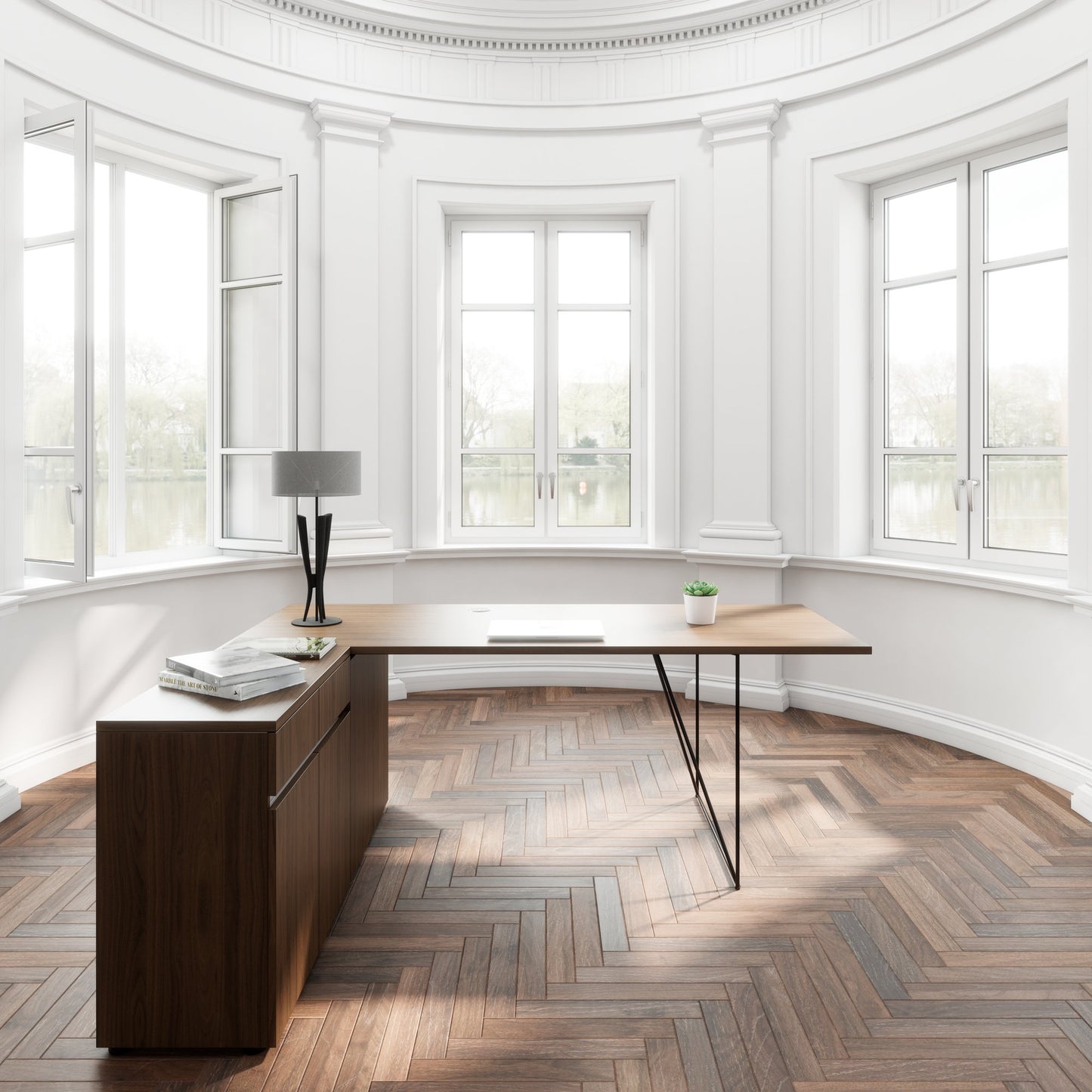AIR Scrivania | 1600 - 2000 mm, sideboard elettrificata, integrata, noce