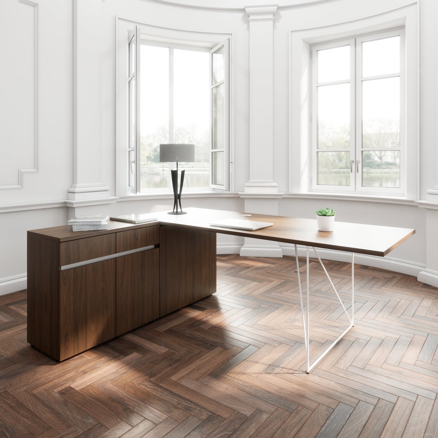 AIR Scrivania | 1600 - 2000 mm, sideboard elettrificata, integrata, noce