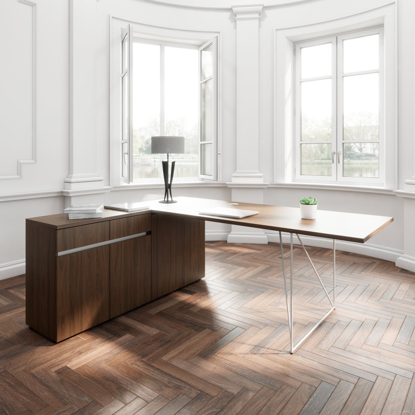 AIR Scrivania | 1600 - 2000 mm, sideboard elettrificata, integrata, noce